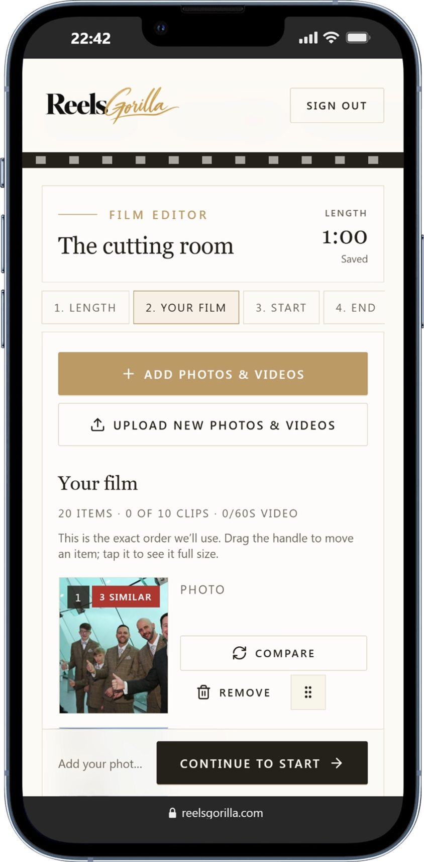 The ReelsGorilla Film Creator on a phone, showing Your Film, photo ordering and Add Photos