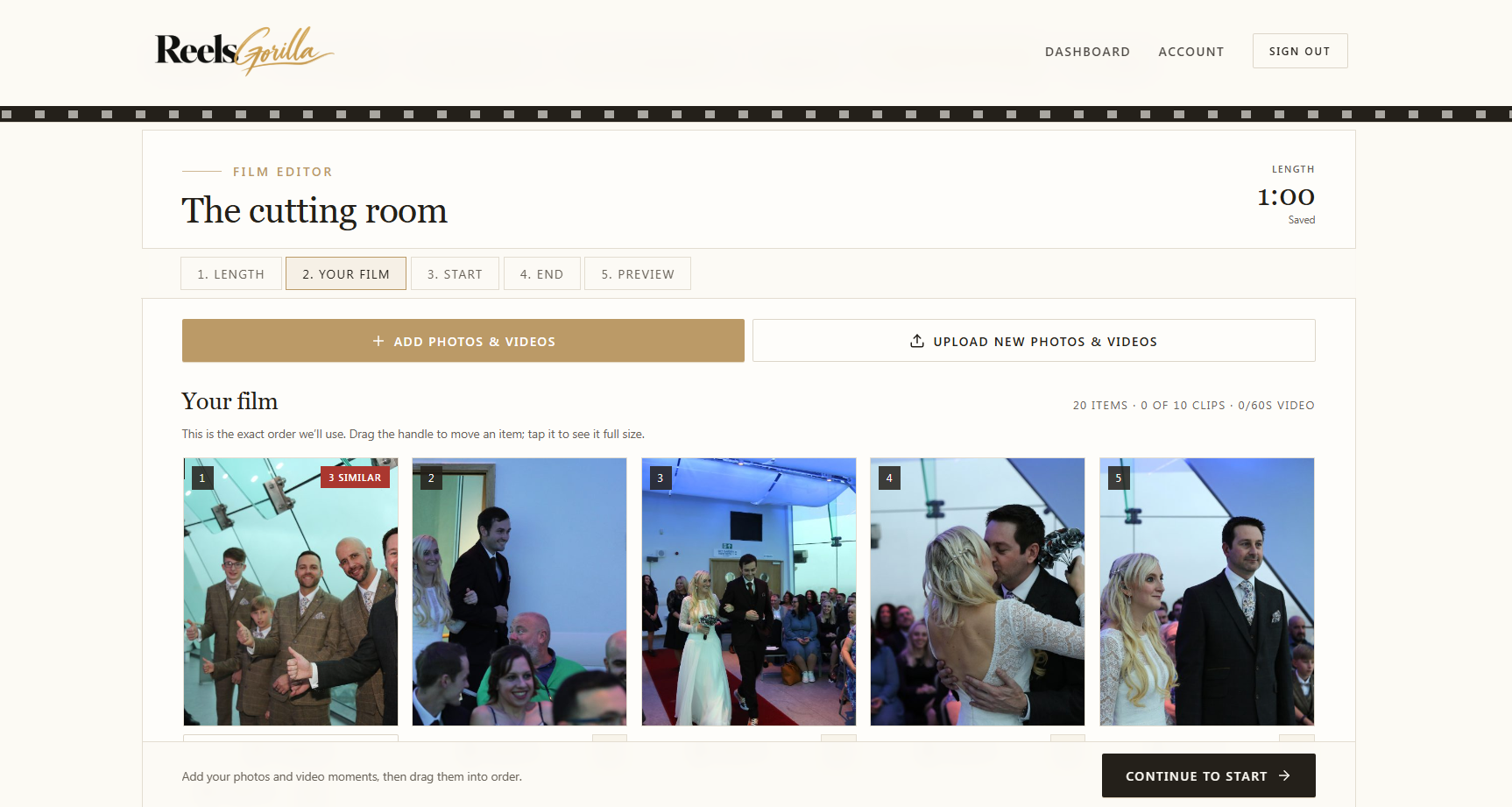 The ReelsGorilla Film Creator on a laptop, showing the film stages and the photo storyboard