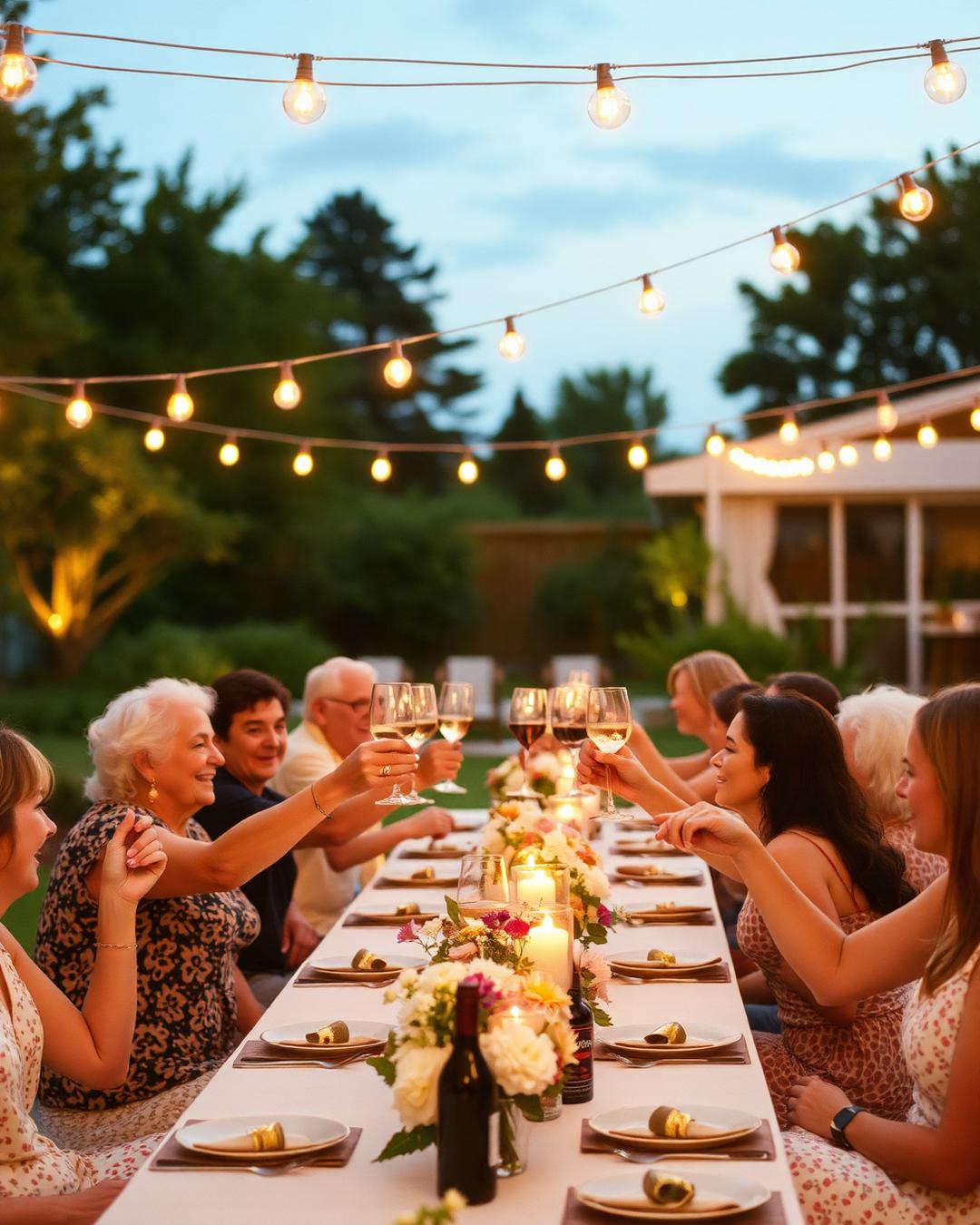 Friends dancing with sparklers under festoon lights