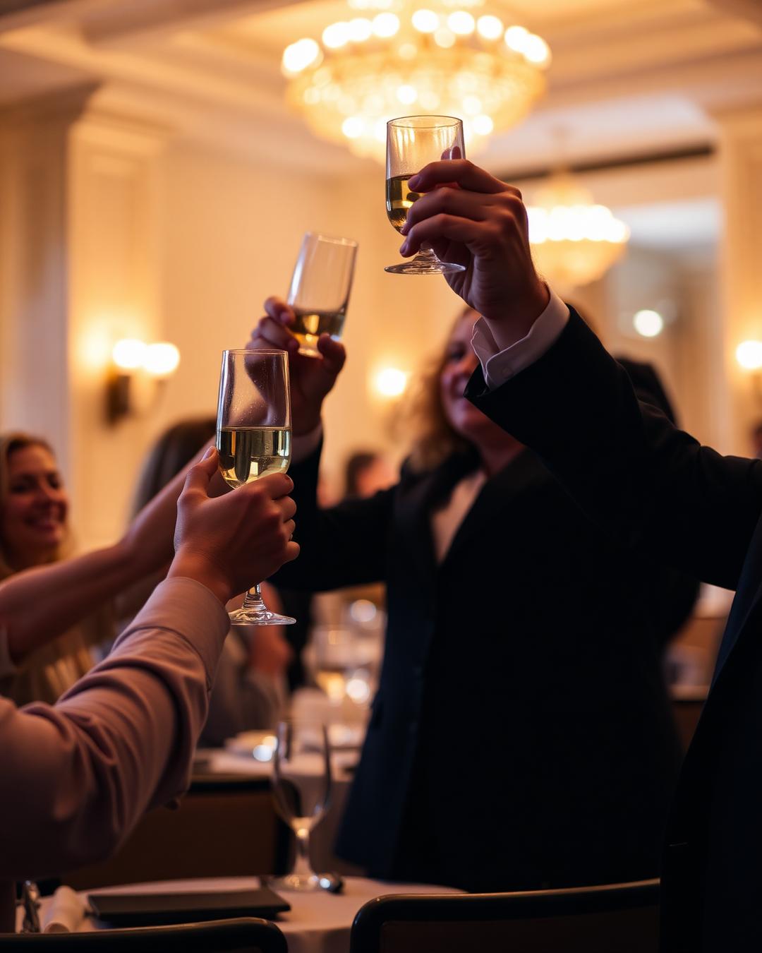 Colleagues toasting at an evening corporate celebration