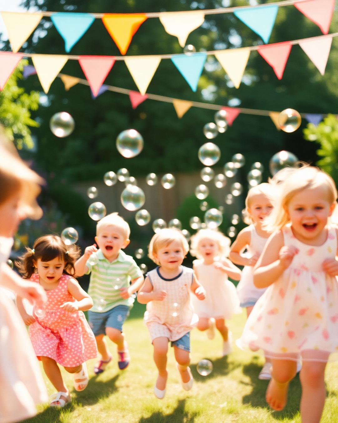 Children running with balloons in golden light