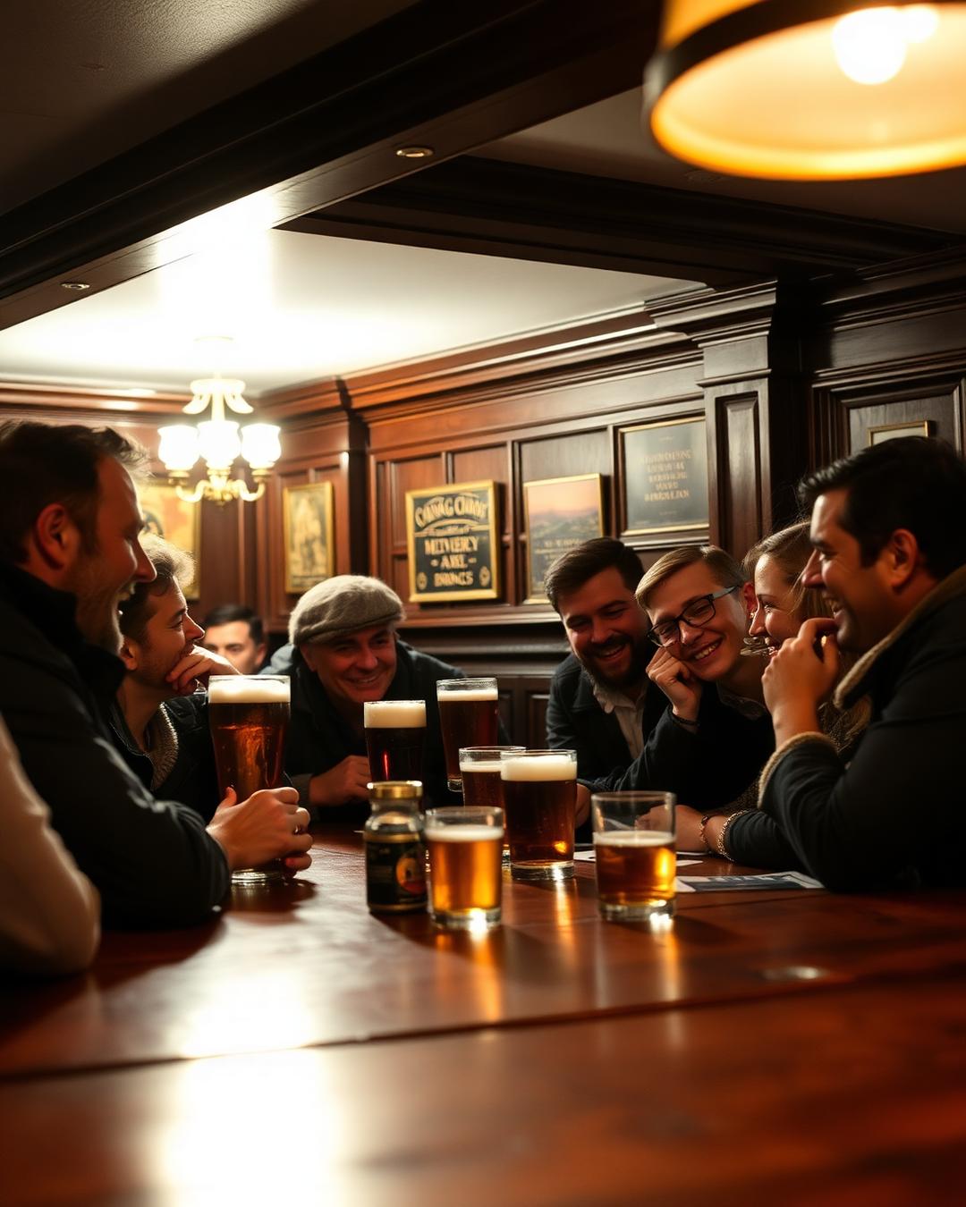 Friends clinking pints in a warm pub