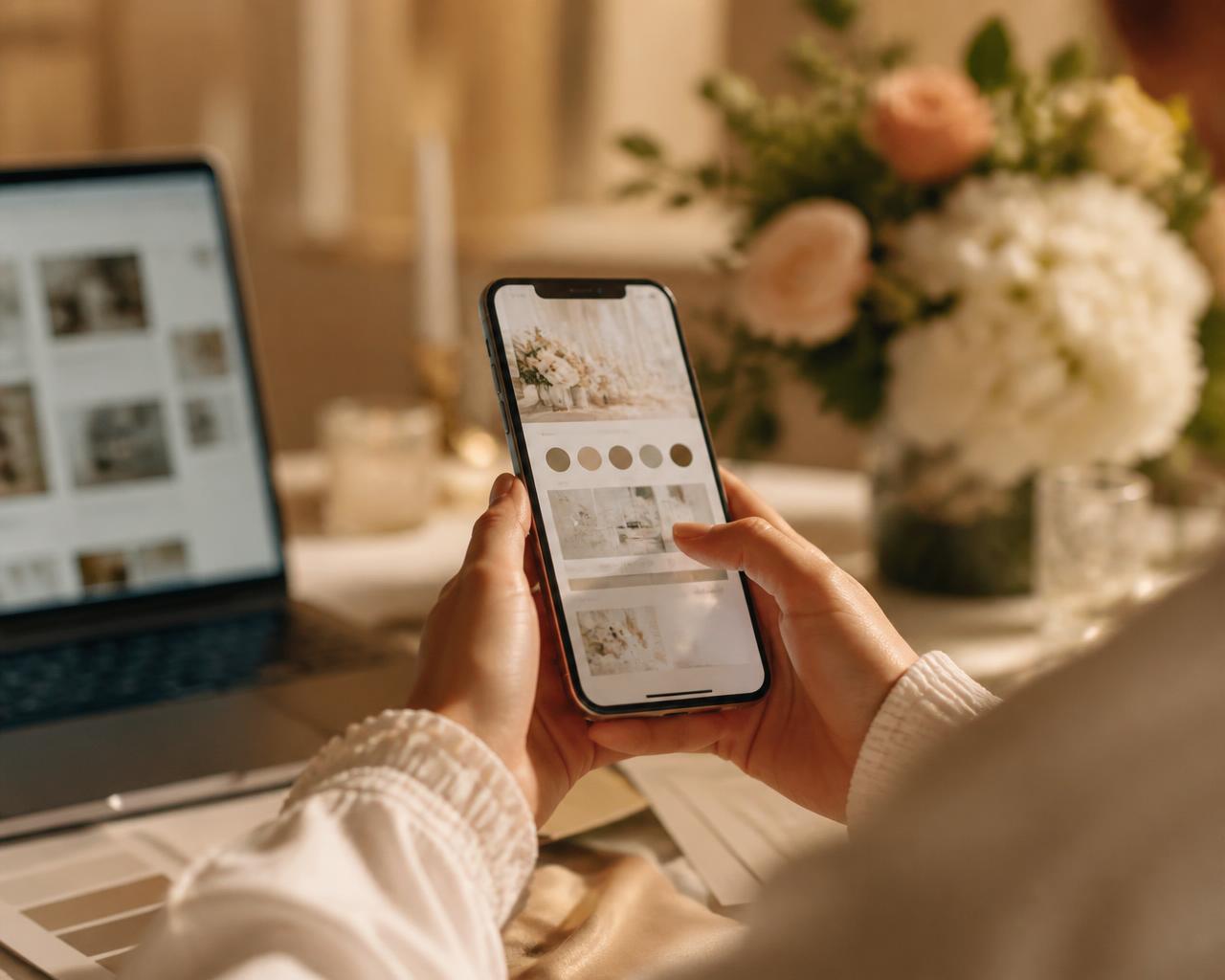 Setting up an event on a phone beside soft florals and a laptop
