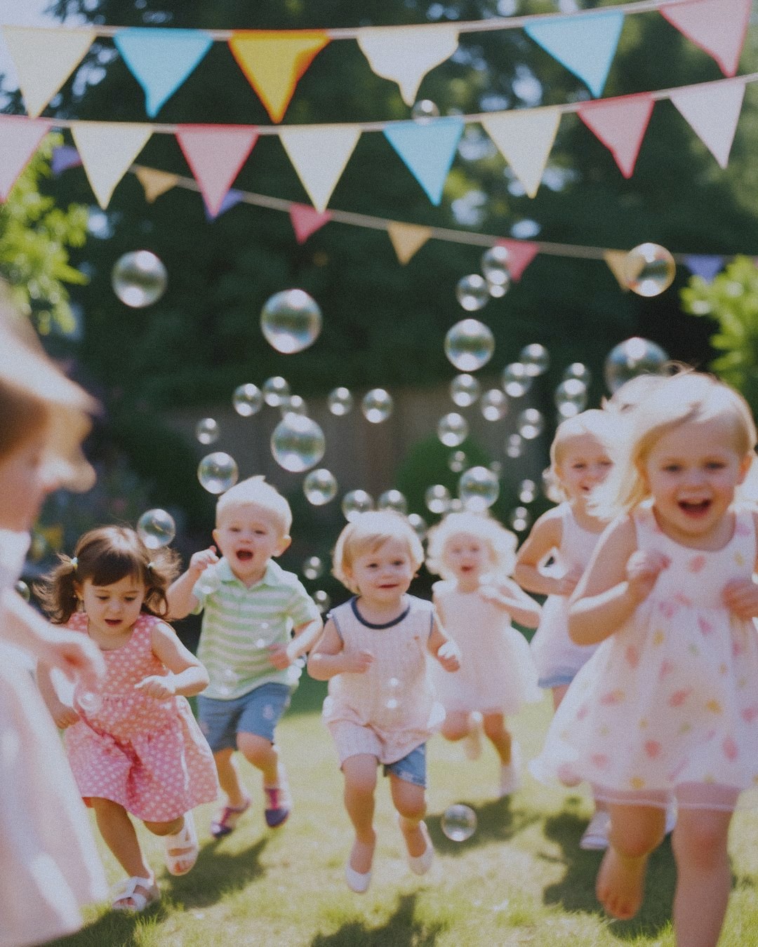 Children running with balloons at a party