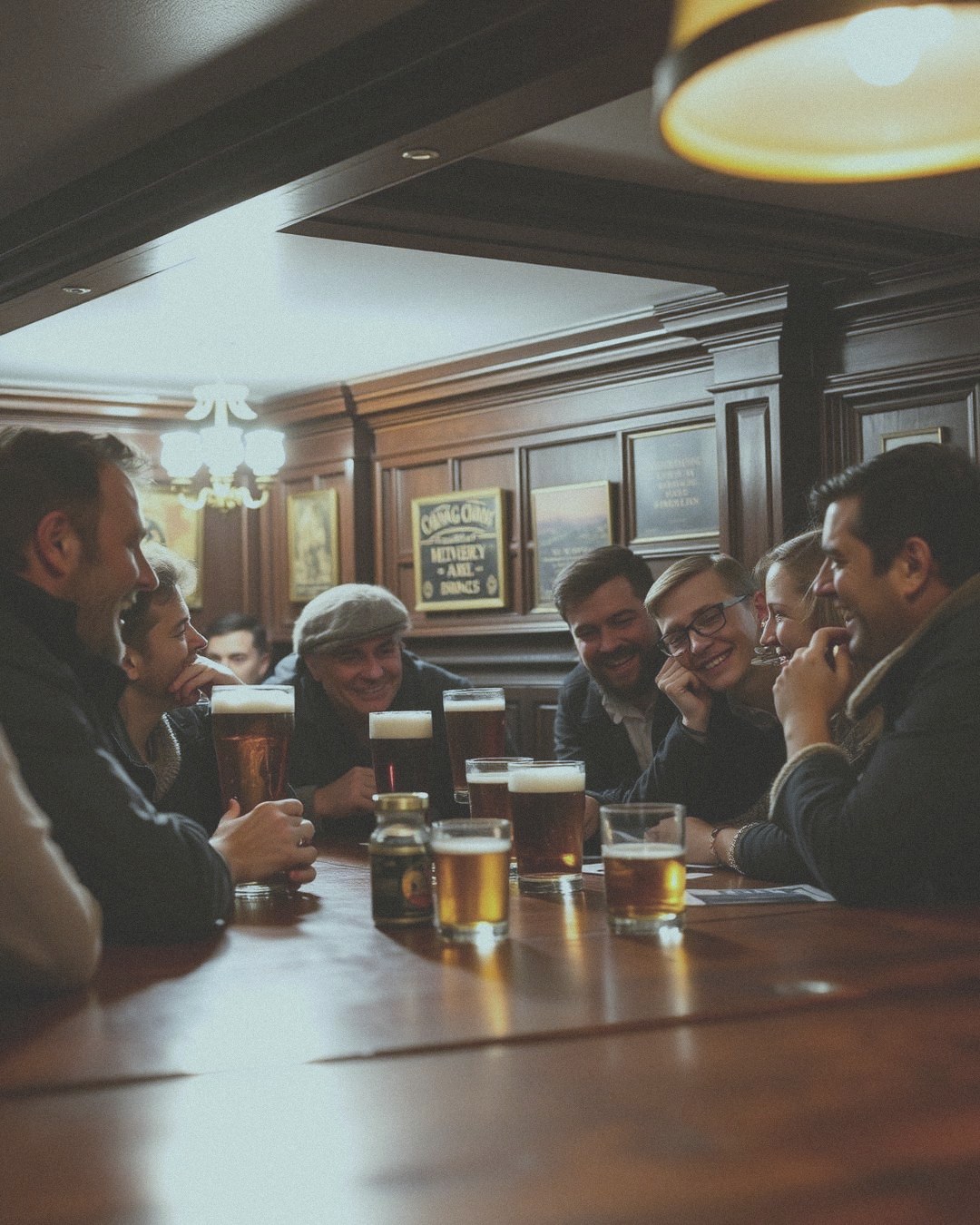 Friends toasting in a warm pub